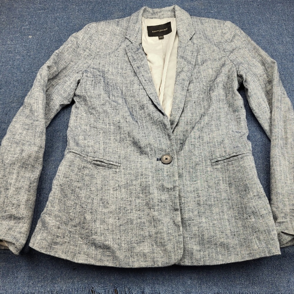 Banana Republic Womens 2 Blue Herringbone Linen Cotton Single Button Blazer